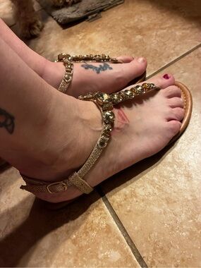 Women's Jeweled T-Strap Sandals in Gold
